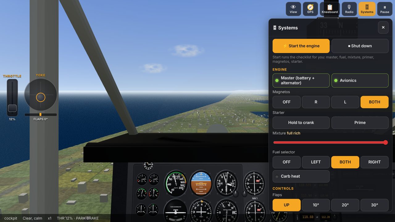 Skyline 172: the Systems panel with engine and fuel controls