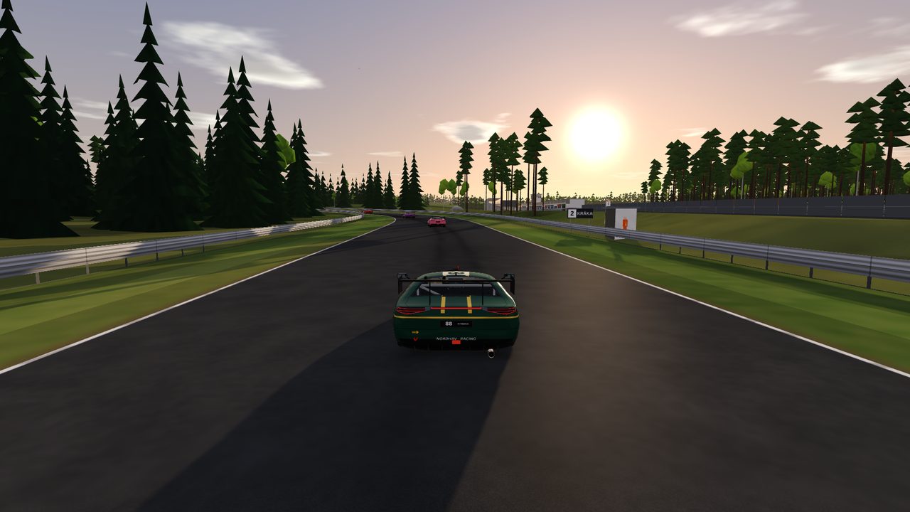 Startljus: a GT car towards the sunset at Myrberga Ring